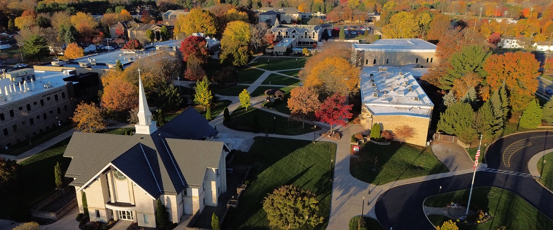 Aerial photograph of the Walsh University campus in fall