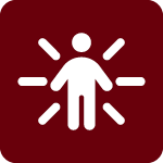 White human figure with radiating lines on a dark red background, indicating a warning or alert.