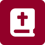 White Bible icon with a cross on a dark red background.