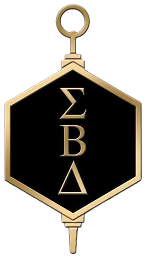 Logo of the Sigma Beta Delta honor society, featuring a gold hexagon with Greek letters on a black background.