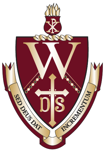 Walsh University crest, featuring a maroon and gold shield with the letter W, a cross, and the Latin phrase 'Sed Deus Dat Incrementum.'