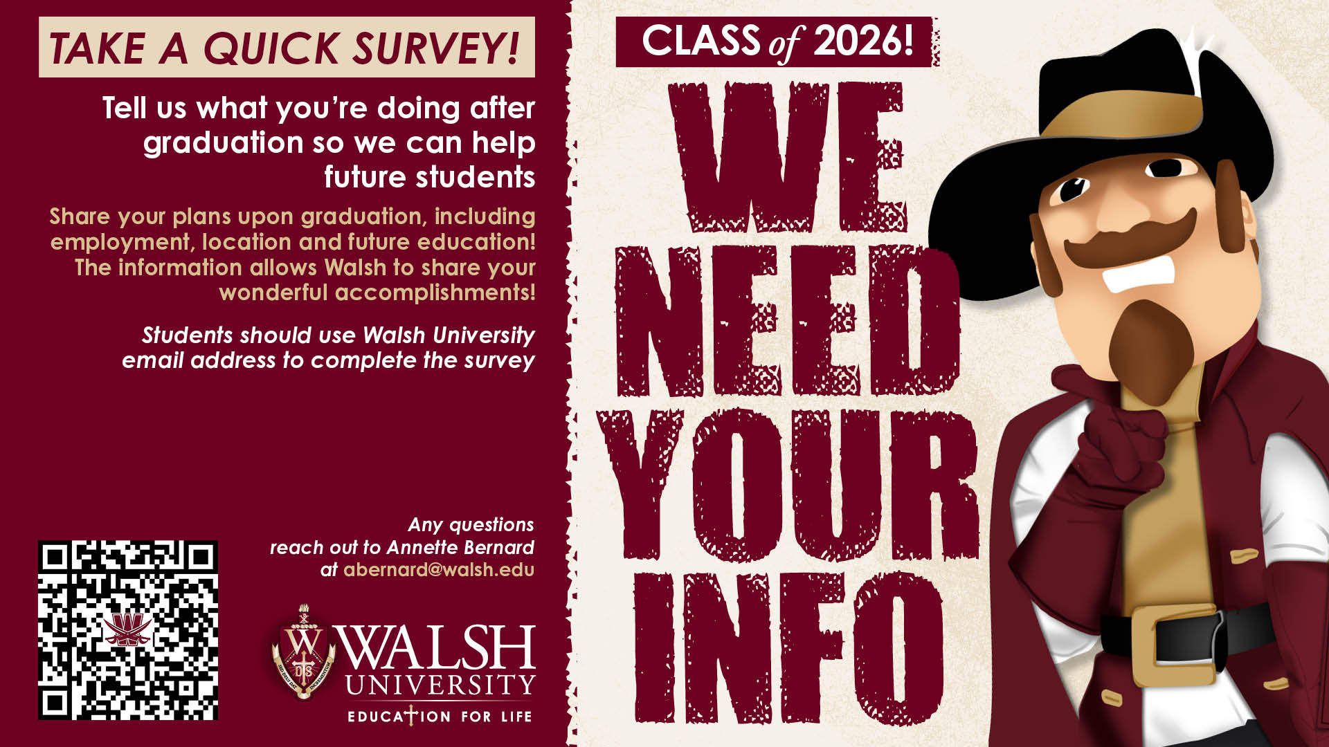 Walsh University survey request graphic urging Class of 2025 graduates to share their post-graduation plans and accomplishments. Click to login to Handshake.