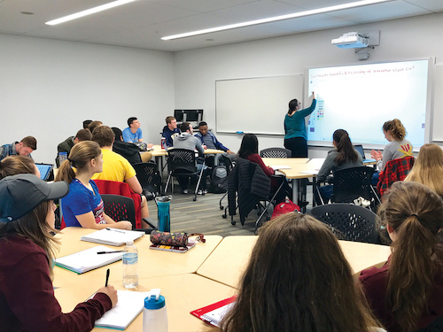 photo of a college professor presenting information to a group of students